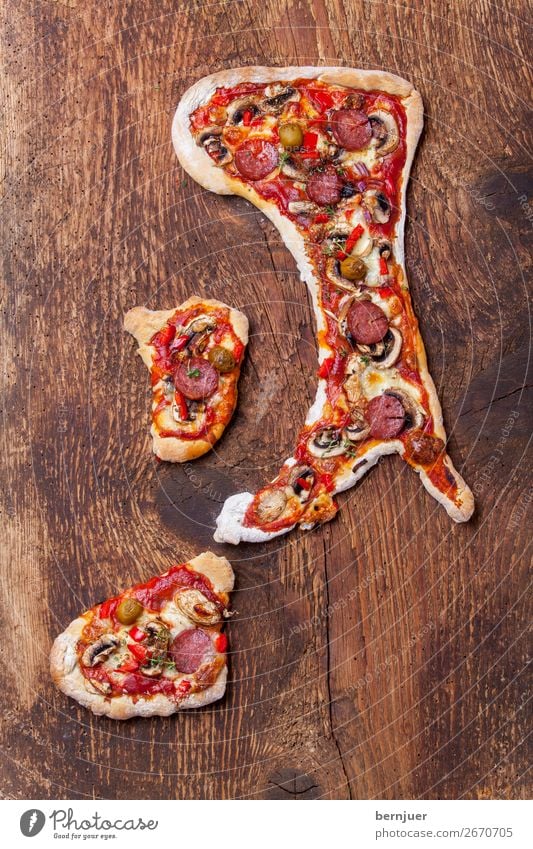 Pizza in the shape of the Italian peninsula Peninsula Chili Cheese outline symbol Sardinia country Sicily Structure symbolic Eating Hot Delicious Self-made