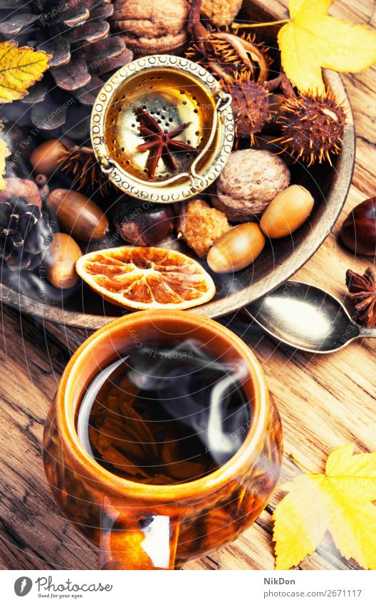 autumnal tea hot cup drink season fall table wood warm rustic chestnut leave leaf beverage food relaxation yellow concept rural october natural seasonal