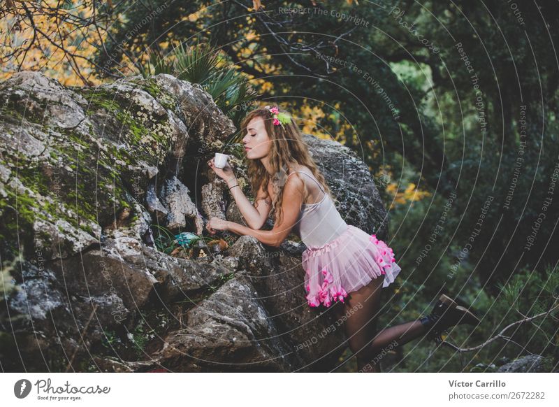 A Young colorful Woman having a tea in the woods Lifestyle Beautiful Human being Feminine Young woman Youth (Young adults) Adults 1 18 - 30 years Culture