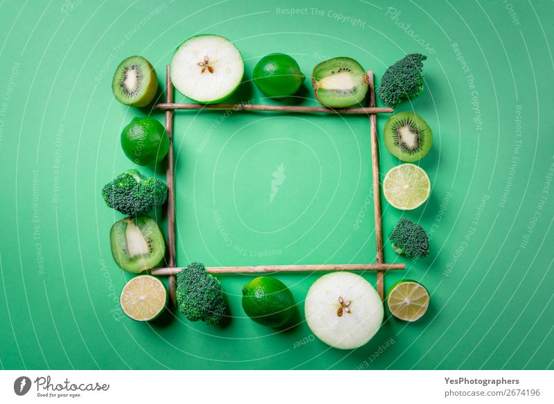 Frame with green fruits and vegetables. Food Fruit Apple Nutrition Organic produce Vegetarian diet Diet Lifestyle Exotic Health care Healthy Eating Kitchen