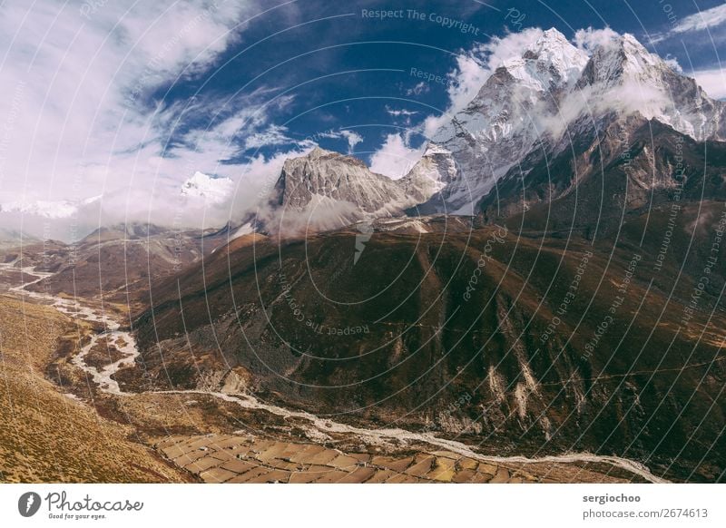 curves and angles Mountain Hiking Environment Landscape Sky Clouds Spring Autumn Winter Climate change Storm Wind Snow Hill Rock Ama Dablam Peak Snowcapped peak