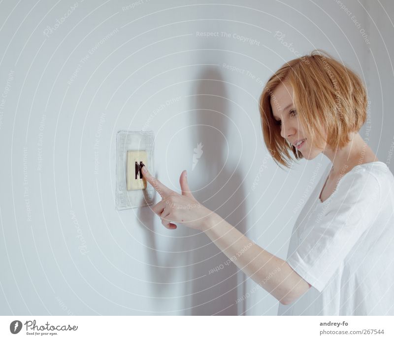 ...to the light. Feminine Young woman Youth (Young adults) Woman Adults 1 Human being 18 - 30 years Red-haired Light switch Touch Save Happiness Responsibility