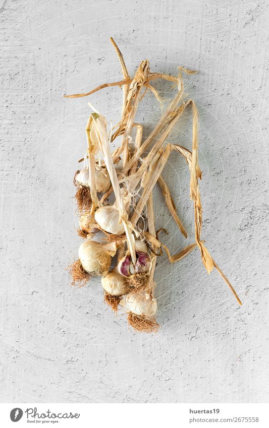 Bouquet of fresh purple garlic Food Vegetable Herbs and spices Art Fresh Delicious Natural Above White Garlic background flat lay bulb Agriculture healthy