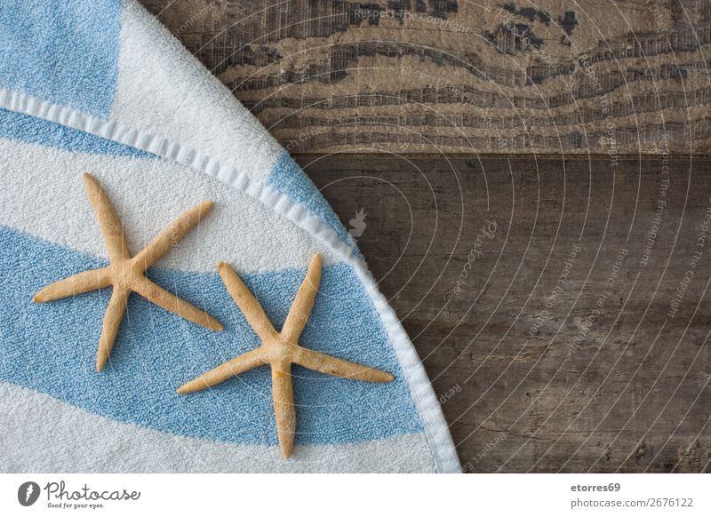 Starfish and towel on wooden background. Marine animal Animal Life Style Beach Nautical Wood Summer Background picture item Design element Nature Consistency