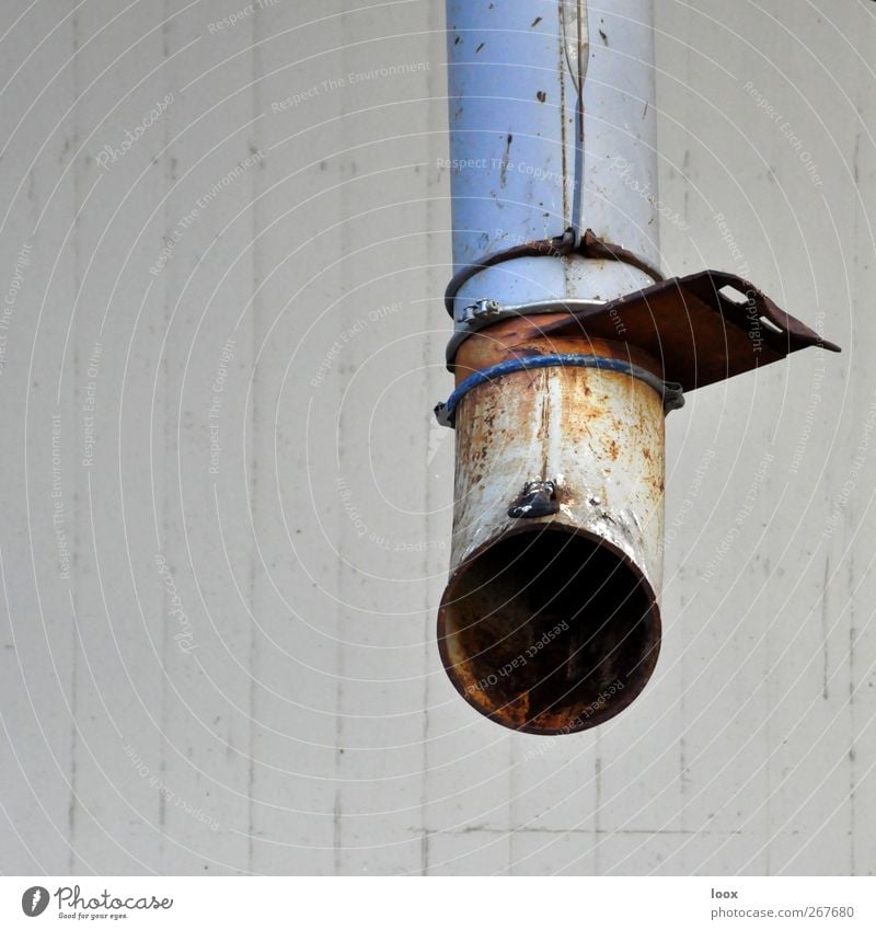 4eyes | open-tube Wall (barrier) Wall (building) Downspout Old Cold Broken Round Blue Rust Colour photo Exterior shot Detail Deserted Air supply Rule sheet
