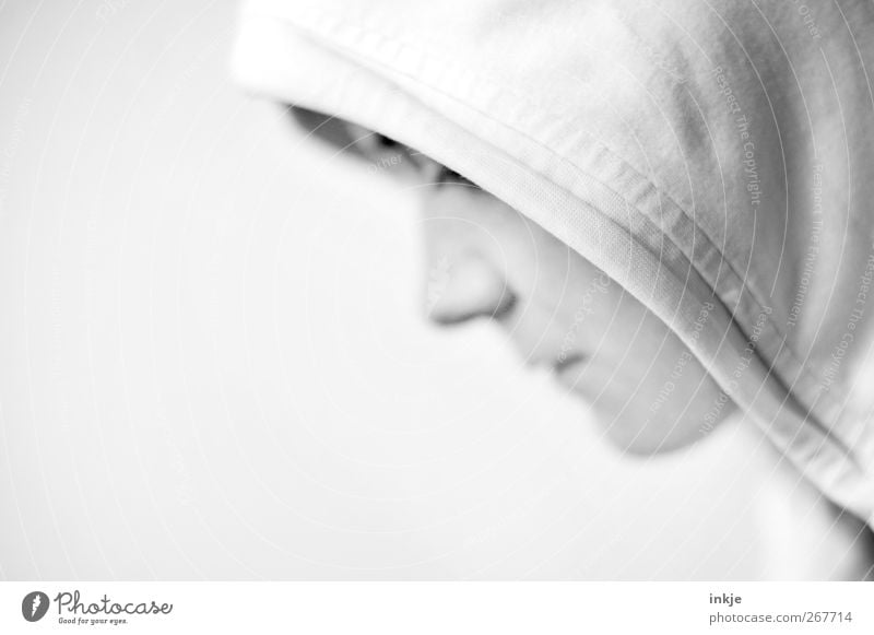 silent Lifestyle Face 1 Human being Hooded sweater Hooded (clothing) Think Sadness Wait Bright White Emotions Moody Loneliness Shame Remorse Uniqueness Crisis