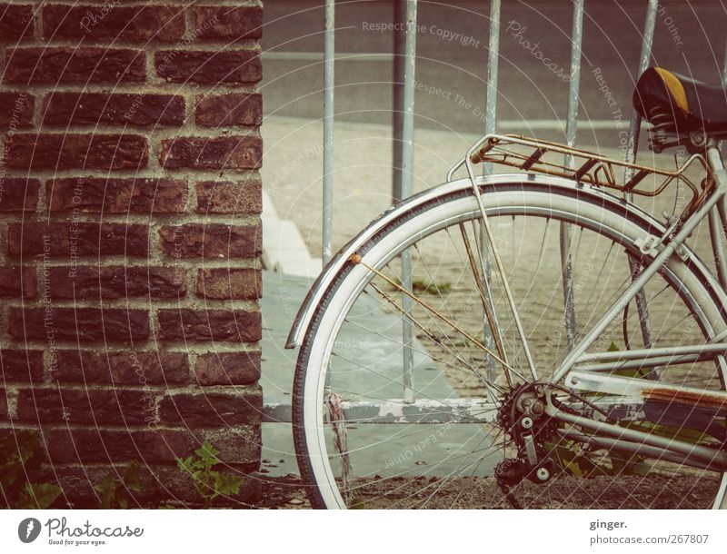 Old fur Cycling Rust Brick Grating Tilt Warped Parking Wall (barrier) luggage carrier Guard Spokes Auburn Metalware Colour photo Subdued colour Exterior shot