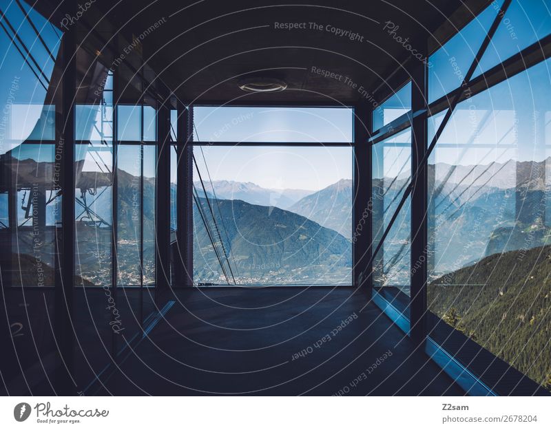 modern alpine panorama Hiking Climbing Mountaineering Nature Landscape Alps Peak Cable car Gondola Platform Glas facade Gigantic Cold Town Blue Design