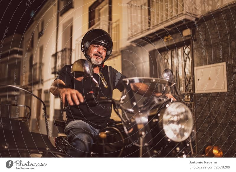 Senior biker driving sidecar vehicle Human being Masculine Man Adults 1 45 - 60 years Transport Street Vehicle Motorcycle Dark Retro Safety Sidecar helmet
