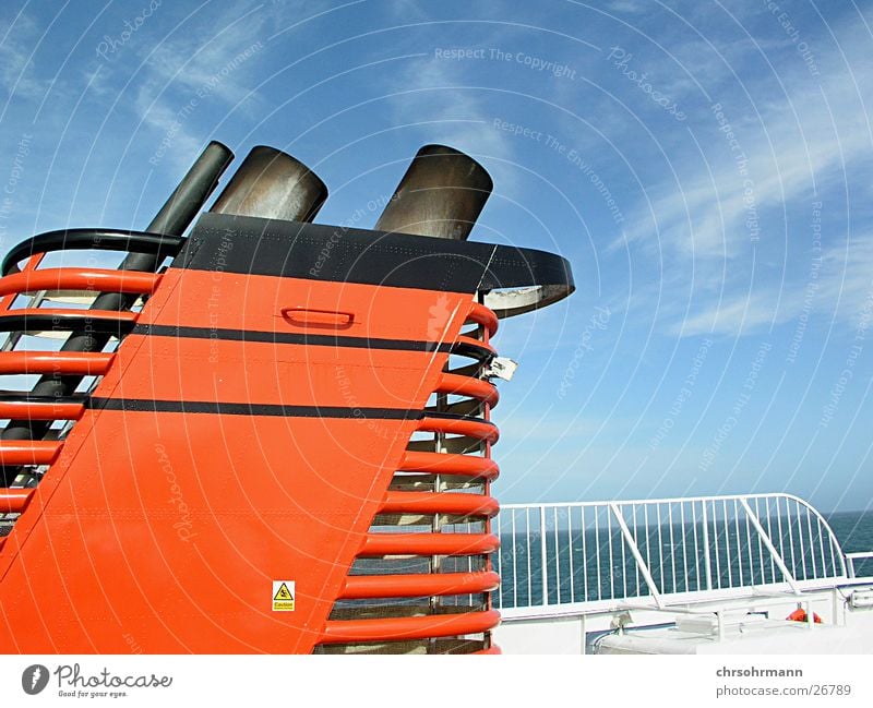 ship deck Watercraft Ferry Exhaust Chimney Ocean Clouds Red Navigation tail pipe Parking level Blue sky beautiful day Sun