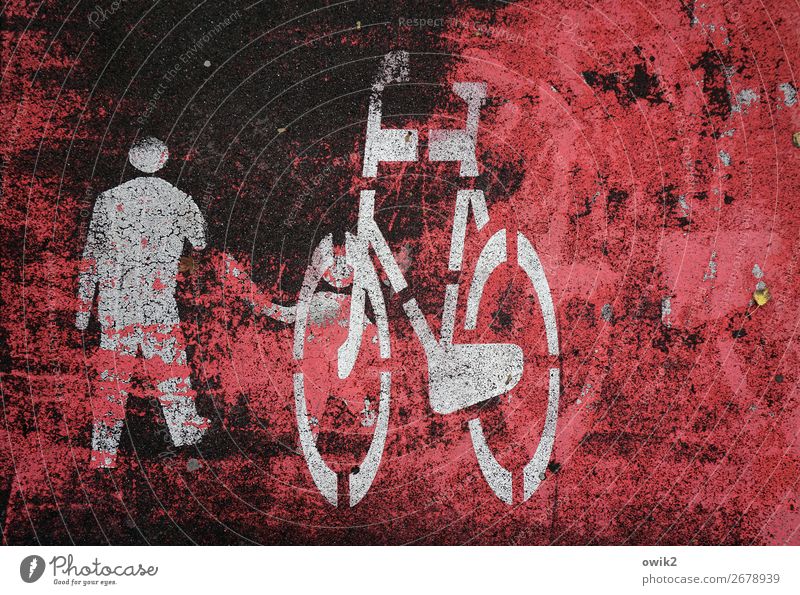 place there 2 Human being Poland Traffic infrastructure Cycling Cycle path Sign Signs and labeling Pictogram Bicycle Father with child Old Trashy Under Gray Red