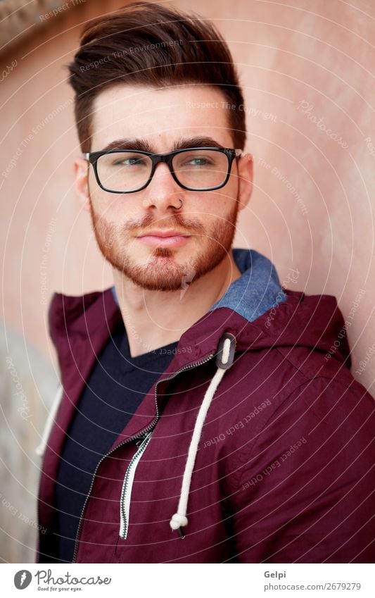 Cool handsome guy with glasses Lifestyle Style Happy Body Relaxation Human being Masculine Boy (child) Man Adults Fashion Beard Think Wait Eroticism Modern