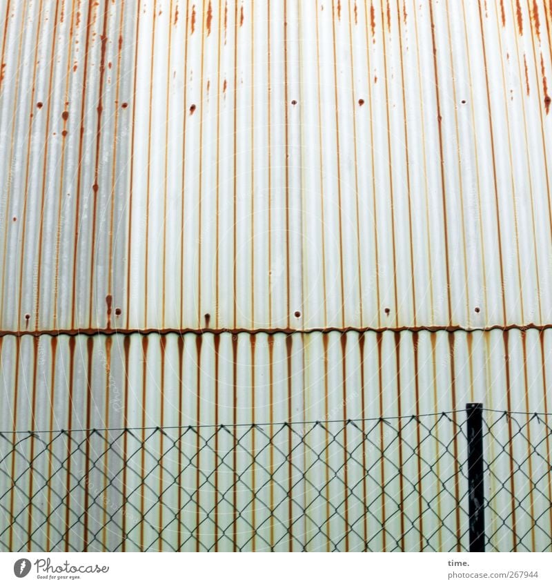 metal ensemble Deserted Industrial plant Wall (barrier) Wall (building) Roof Fence Fence post Wire netting Wire netting fence Corrugated sheet iron