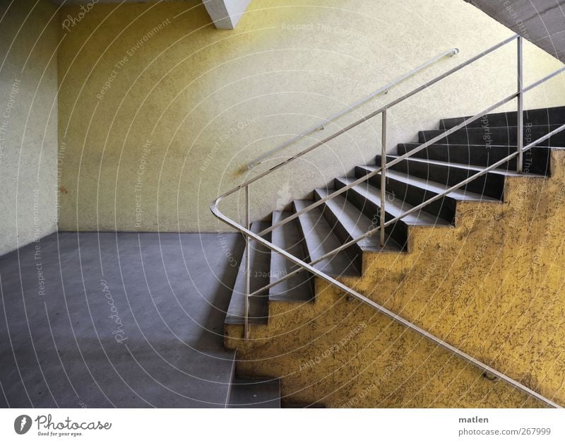 scala Town Deserted Wall (barrier) Wall (building) Stairs Esthetic Clean Yellow Gray Staircase (Hallway) Banister Handrail Subdued colour Interior shot Light