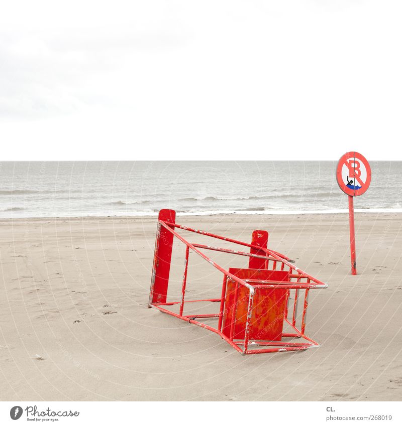 No rescue in sight. Vacation & Travel Tourism Trip Beach Ocean Waves Coast Lakeside North Sea Cold Break Safety Rescue equipment Rescue ladder Water