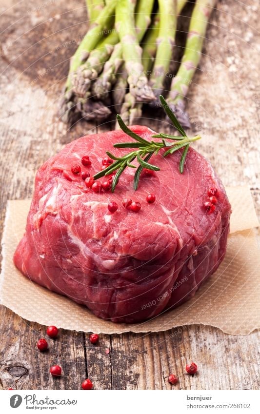 excow Food Meat Vegetable Juicy Clean Steak Beef Rosemary Asparagus Pepper Peppercorn Wood Wooden board Paper Red Raw Green green asparagus Cooking Nutrition