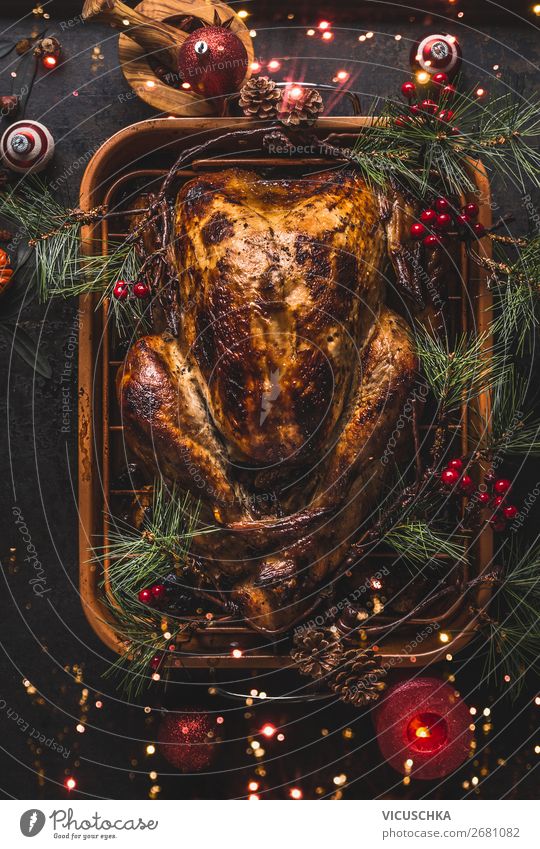 Roast turkey in a frying pan for Christmas dinner Food Meat Nutrition Banquet Crockery Style Design Winter Table Party Event Restaurant Feasts & Celebrations
