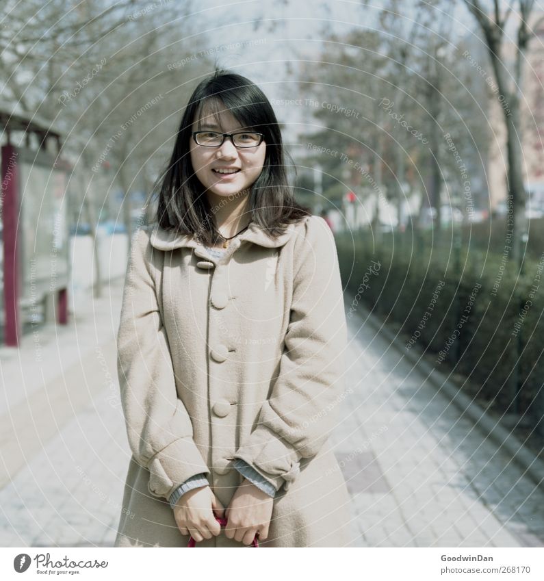 Estella. Human being Feminine Young woman Youth (Young adults) 1 Beijing Town Downtown Breathe To hold on Smiling Stand Wait Beautiful Moody Contentment