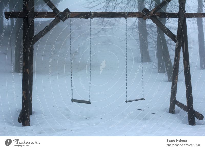 The calm before the storm Winter Wood White Swing Deserted Unused Colour photo Exterior shot Twilight Light Snow Playground Gloomy Dreary Gray