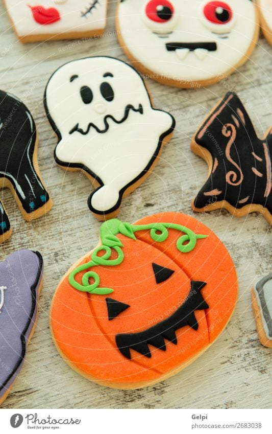 Halloween cookies with different shapes Dessert Joy Decoration Table Feasts & Celebrations Hallowe'en Autumn Cat Smiling Creepy Delicious Black White Fear