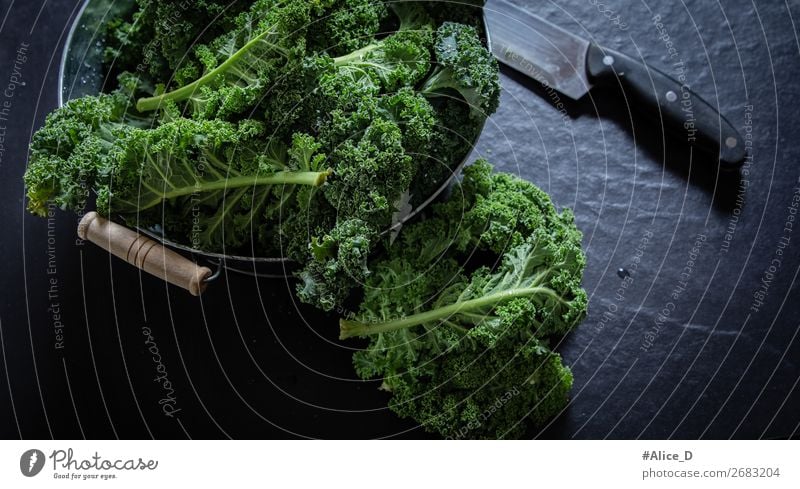 Fresh kale on cutting board Food Vegetable Lettuce Salad Cabbage Kale Kale leaf Bowl Knives Lifestyle Healthy Healthy Eating Fitness Dark Delicious Natural