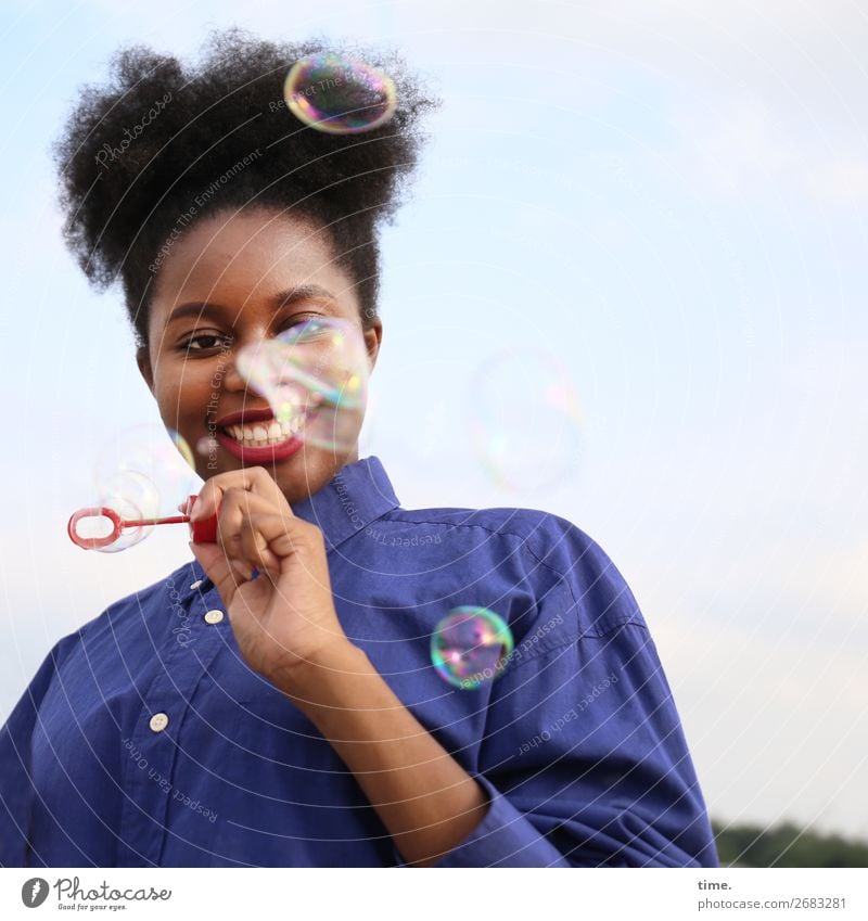 funbubbles Feminine Woman Adults 1 Human being Sky Beautiful weather Shirt Hair and hairstyles Black-haired Long-haired Curl Afro Soap bubble Observe Relaxation