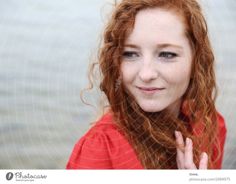 nina Feminine Woman Adults 1 Human being Water Coast Baltic Sea Dress Red-haired Long-haired Curl Observe To hold on Smiling Looking Friendliness Beautiful