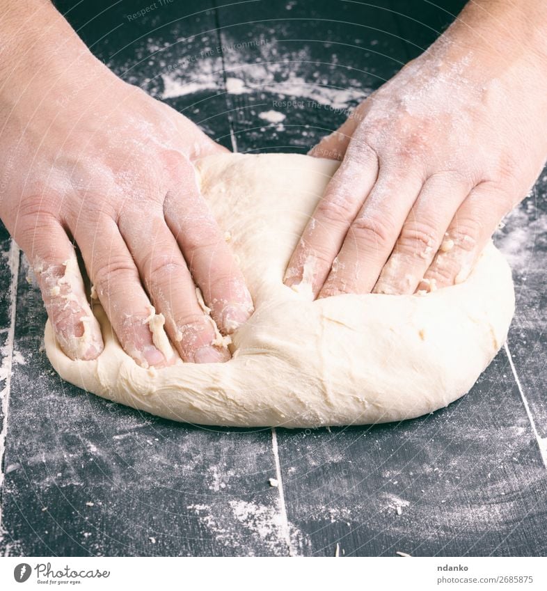 male hands substitute white wheat flour dough Dough Baked goods Bread Nutrition Table Kitchen Man Adults Hand Wood Make Black White Tradition Baking Baker