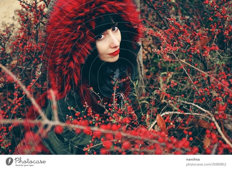 beautiful young brunette woman in red Lifestyle Style Beautiful Face Winter Human being Feminine Woman Adults Youth (Young adults) 1 18 - 30 years Nature Autumn