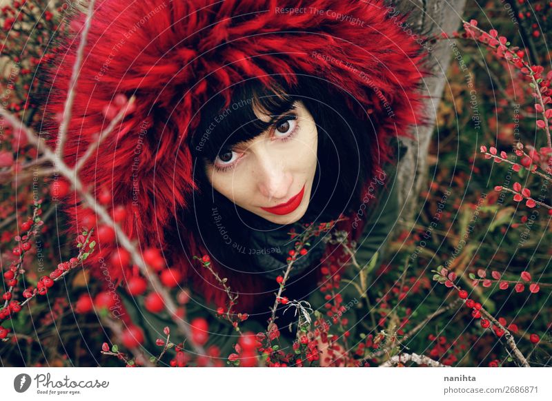 beautiful young brunette woman in red nature Lifestyle Style Beautiful Face Wellness Winter Human being Feminine Young woman Youth (Young adults) Woman Adults 1