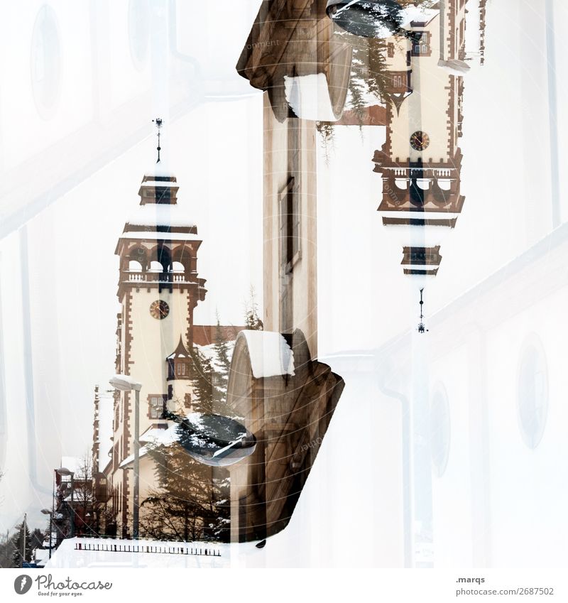 Church double Style Manmade structures Building Architecture Exceptional Hip & trendy Historic Crazy Perspective Religion and faith Double exposure Winter Snow