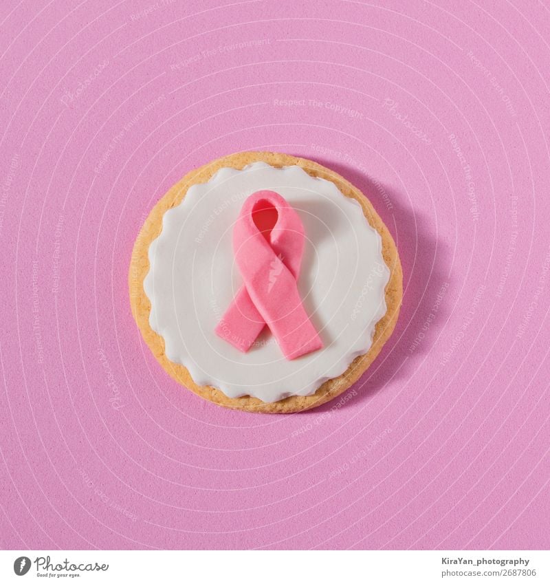 Close up cookies with pink ribbon Design Health care Medical treatment Woman Adults Breasts Earth String Pink White Hope Cancer Symbols and metaphors cake