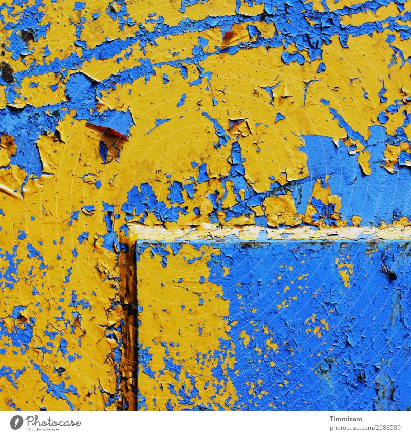 yellow on blue Machinery Technology Metal Line Old Blue Yellow Emotions Transience Scratch mark Colour photo Exterior shot Deserted Day