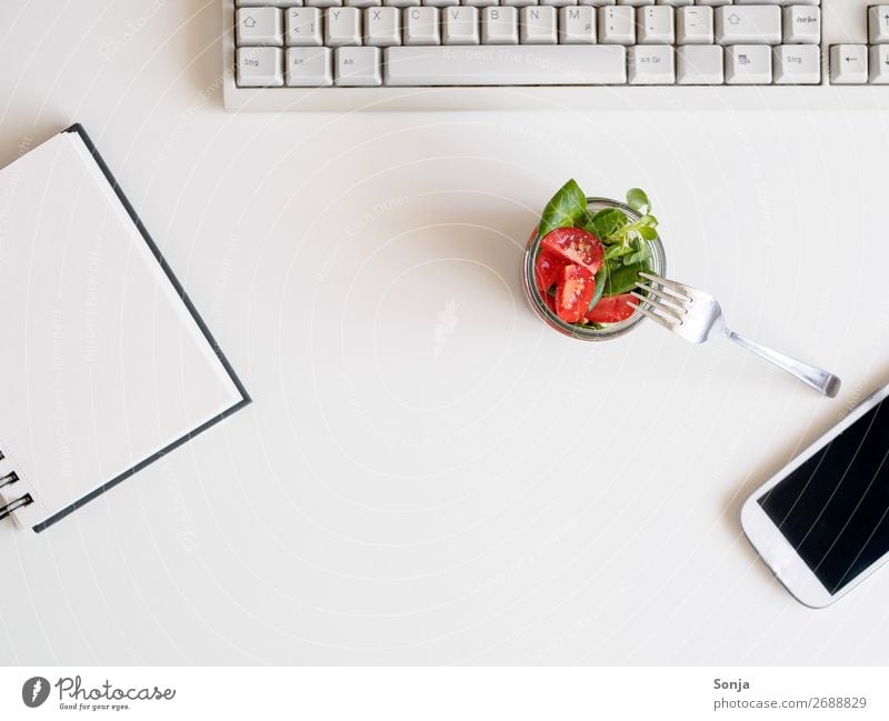 Lunch break with salad at your desk Food Vegetable Lettuce Salad Diet Crockery Fork Office work Business Work and employment Orderliness Healthy Colour photo