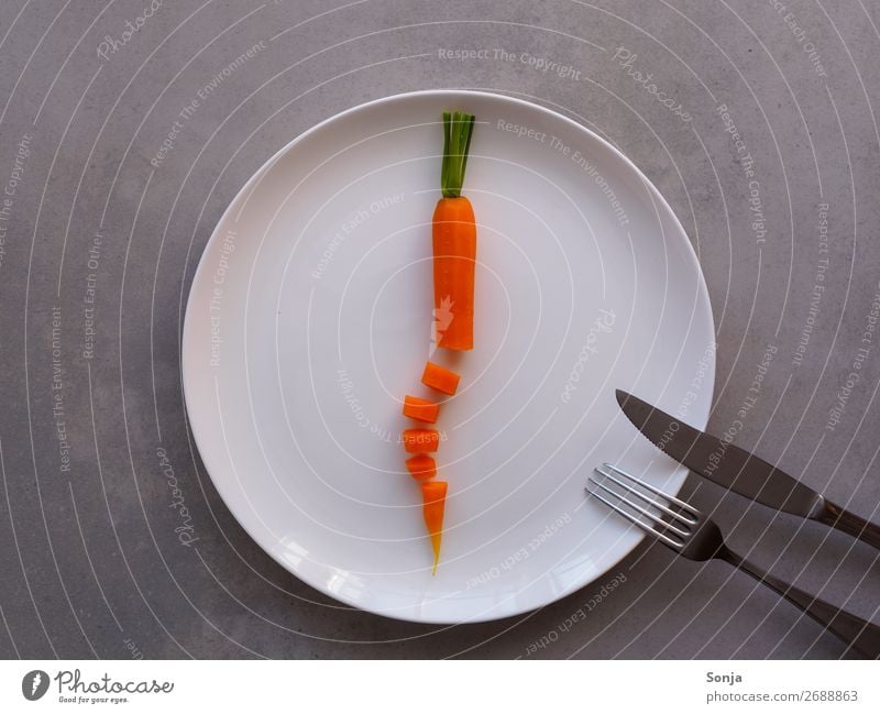 Diet - Cooked carrot on a white plate Food Vegetable Carrot Nutrition Lunch Dinner Vegetarian diet Fasting Crockery Plate Cutlery Knives Fork Lifestyle To enjoy