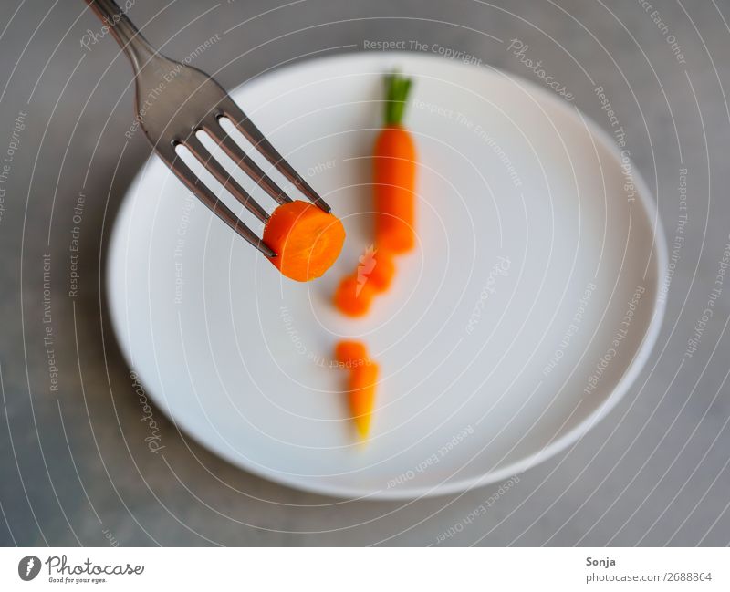 Diet - Close-up of a carrot on a fork Food Vegetable Carrot Nutrition Lunch Dinner Vegetarian diet Fasting Crockery Plate Fork Delicious Thin Orange Joy