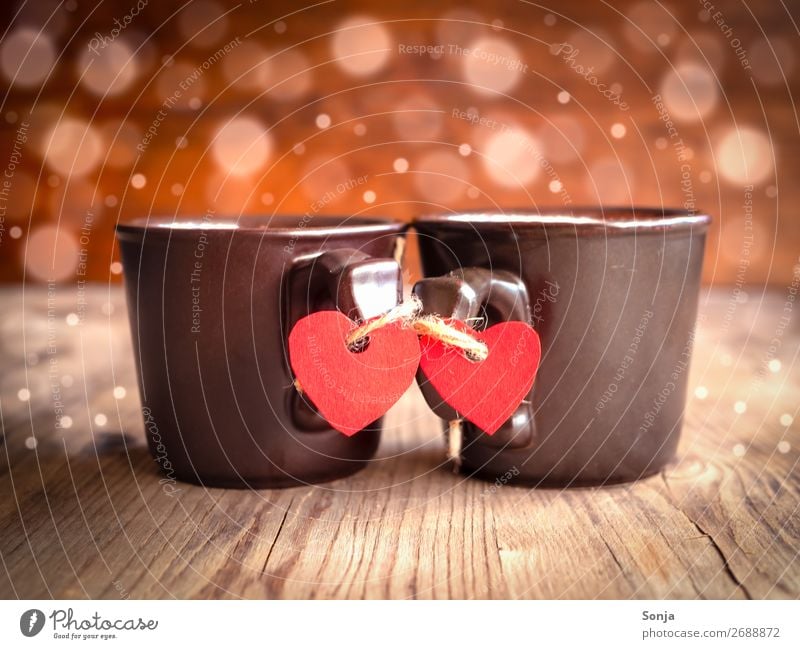 Love - Two cups connected with red paper hearts To have a coffee Beverage Hot drink Coffee Espresso Cup Lifestyle Table To enjoy Emotions Moody