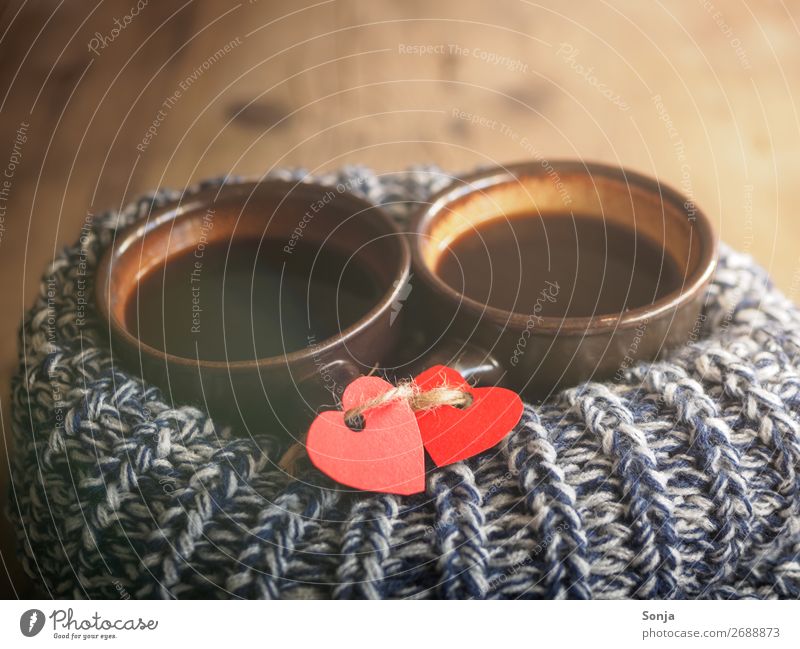 Two cups of coffee with red paper hearts Nutrition To have a coffee Beverage Hot drink Coffee Lifestyle Valentine's Day Sign Cuddly Retro Emotions Moody