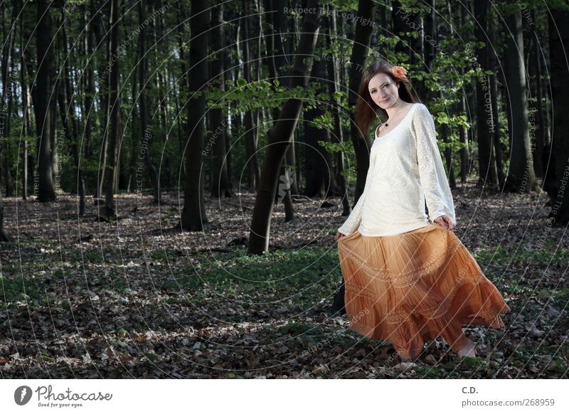 In the fairytale forest 1 Human being Nature Spring Forest Skirt Stand Dance Esthetic Happiness Natural Green Red White Tree Barefoot Flower Woodground Orange