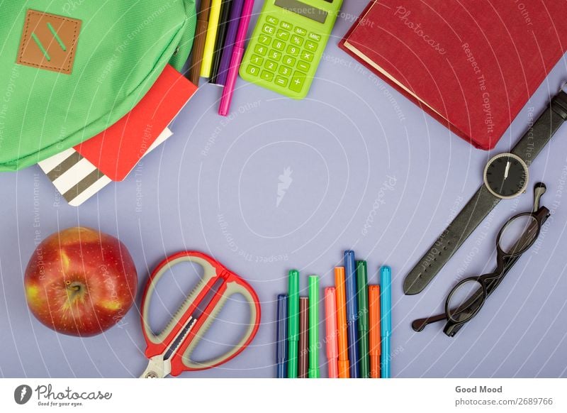 Backpack, notepad, felt-tip pen, scissors, calculator Table Child School Academic studies Tool Scissors Book Eyeglasses Paper Observe Blue Gray Green bag