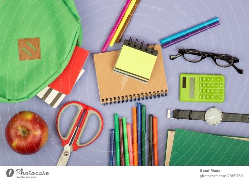 Backpack, notepad, scissors, calculator, book, watch Table Child School Academic studies Tool Scissors Book Eyeglasses Paper Observe Blue Gray Green bag
