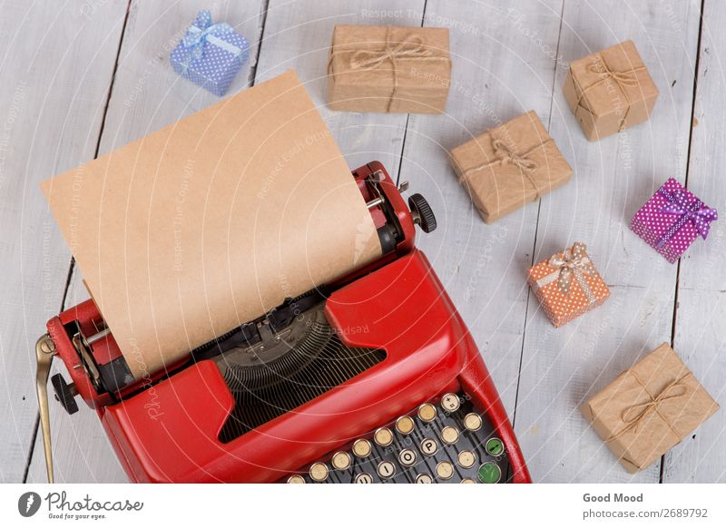 Holidays concept - typewriter with paper, gift boxes Feasts & Celebrations Thanksgiving Hallowe'en Christmas & Advent Birthday Business Rope Technology Mother