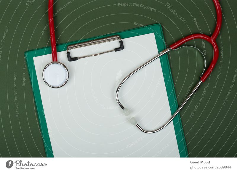 red stethoscope and empty clipboard on green Health care Medical treatment Medication Science & Research Doctor Hospital Tool Paper Metal Heart Listening Green
