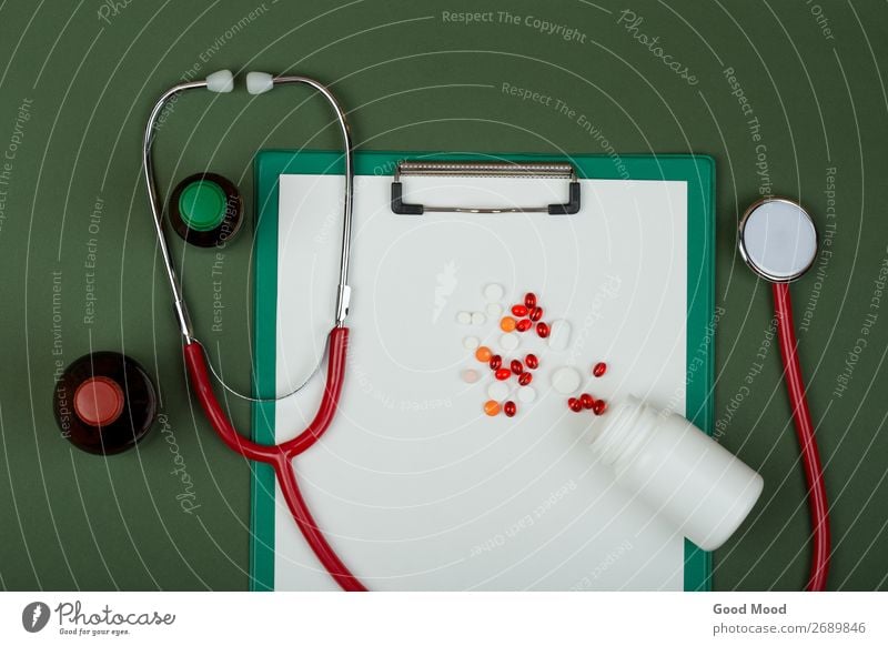 red stethoscope, pills, medical bottles and empty clipboard Bottle Health care Medical treatment Medication Science & Research Doctor Hospital Tool Paper Heart