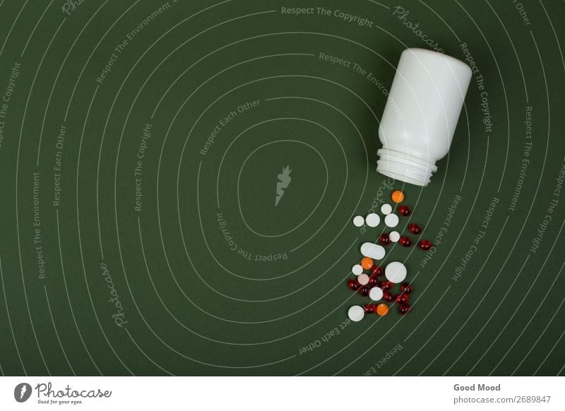 colorful pills and medical bottle on green background Bottle Health care Medical treatment Illness Medication Science & Research Doctor Hospital Container Green