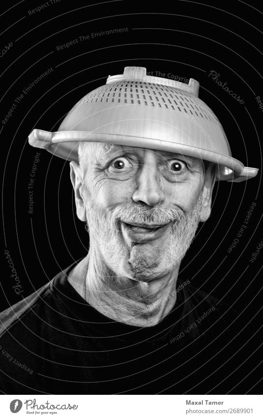 Mad man with a strainer on the head Joy Face Illness Hospital Human being Man Adults Beard Sadness Funny Crazy Anger White Emotions Stress Frustration Bizarre