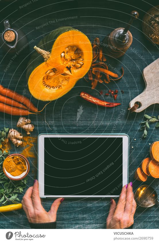 Hands with tablet PC on kitchen table with pumpkin Food Vegetable Nutrition Organic produce Vegetarian diet Crockery Design Healthy Eating Table Restaurant