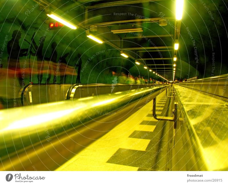 Stockholm - below London Underground Tunnel vision Blur Deep Escalator Green Yellow Painting and drawing (object) Vanishing point Futurism Europe Surrealism