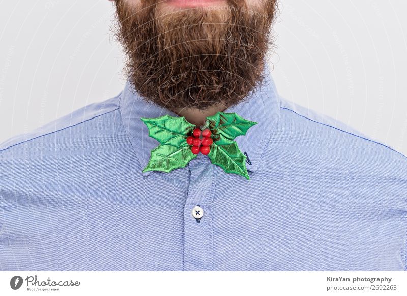 Bearded hipster with festive Christmas bow tie Joy Happy Decoration Feasts & Celebrations Christmas & Advent New Year's Eve Office Business Man Adults Shirt