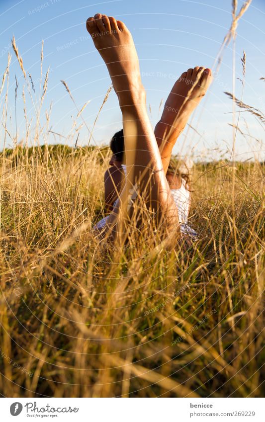 Summer at last Woman Human being 1 Person Lie Meadow Relaxation Spring Dress Grass Loneliness Feet Legs Shaven Sun Sunbeam Day Sunlight European Reading Nature